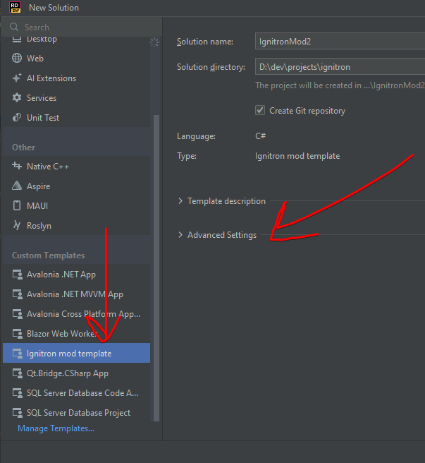 Screenshot showing 'New Solution' window in Rider with 'Ignitron mod template' selected